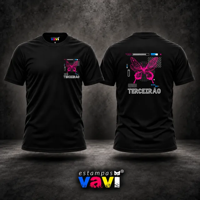 Terceirão - Borboleta Rosa com Colagem Geométrica · cores de processo CMYK