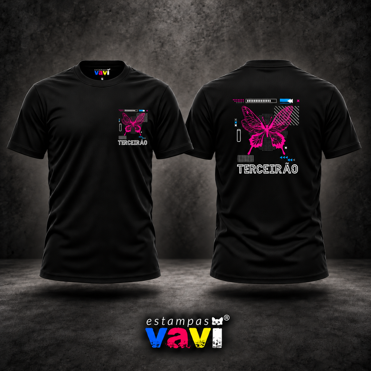 Terceirão - Borboleta Rosa com Colagem Geométrica · cores de processo CMYK