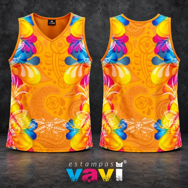 Paisley Laranja com Folhas e Flores Multicoloridas