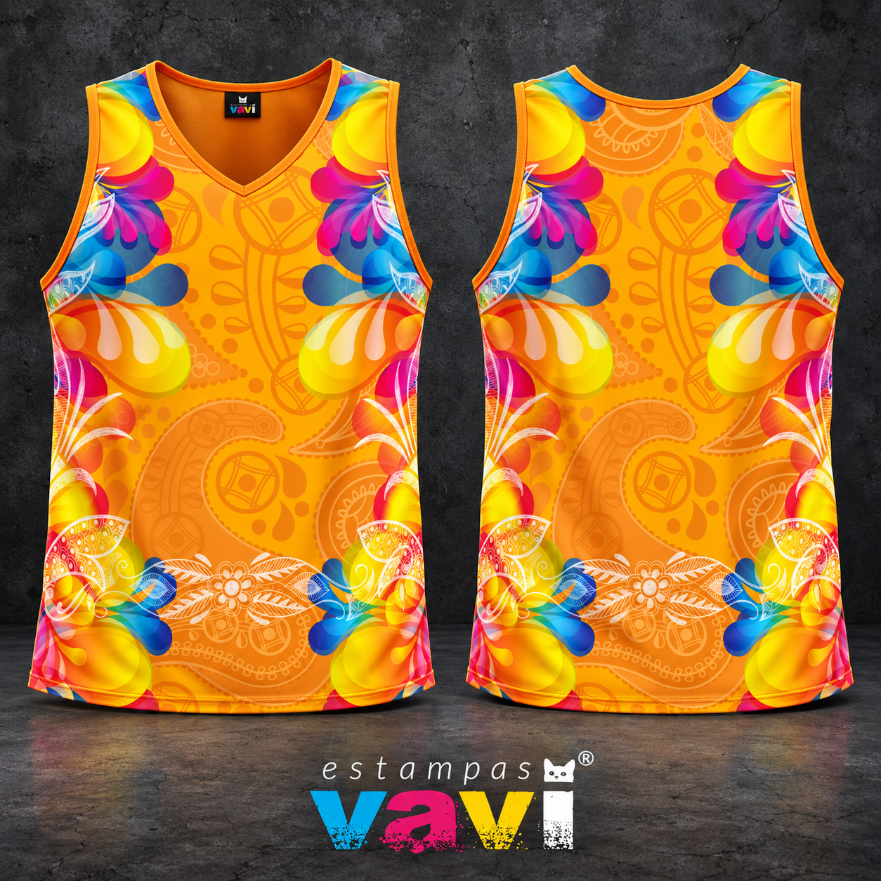 Paisley Laranja com Folhas e Flores Multicoloridas