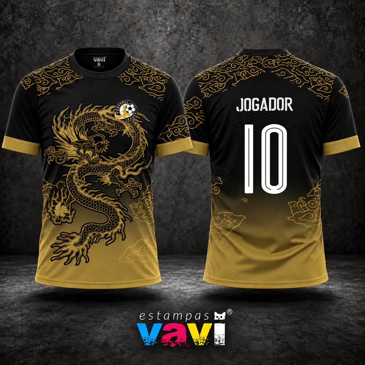 Dragão Dourado com Nuvens e Degradê sobre Preto