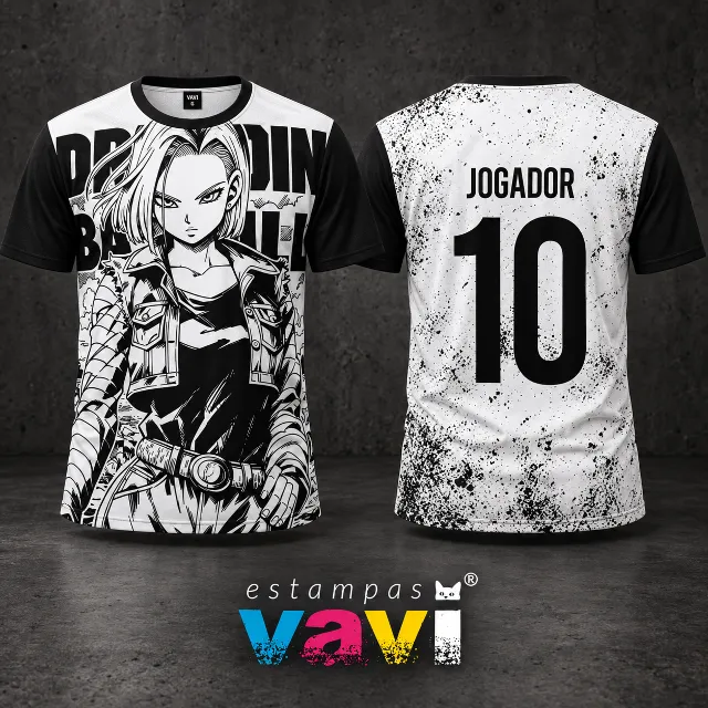 Androide 18 em Mangá Preto e Branco com Respingos