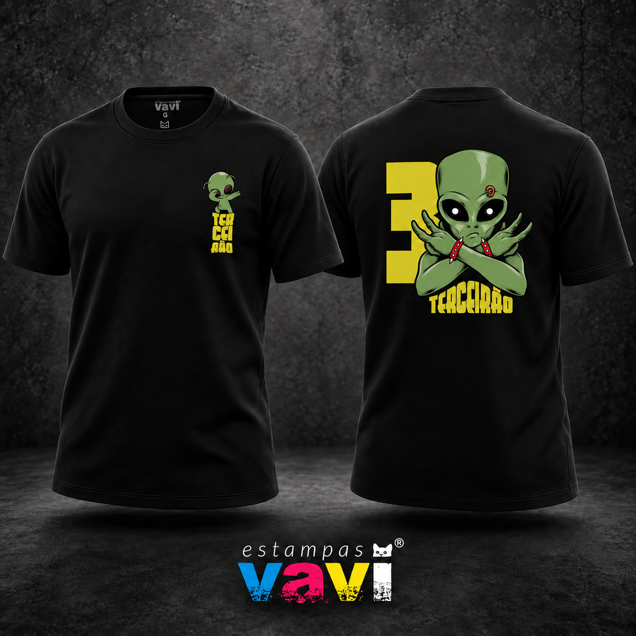 Alien Verde com Número 3 Amarelo · cores de processo CMYK
