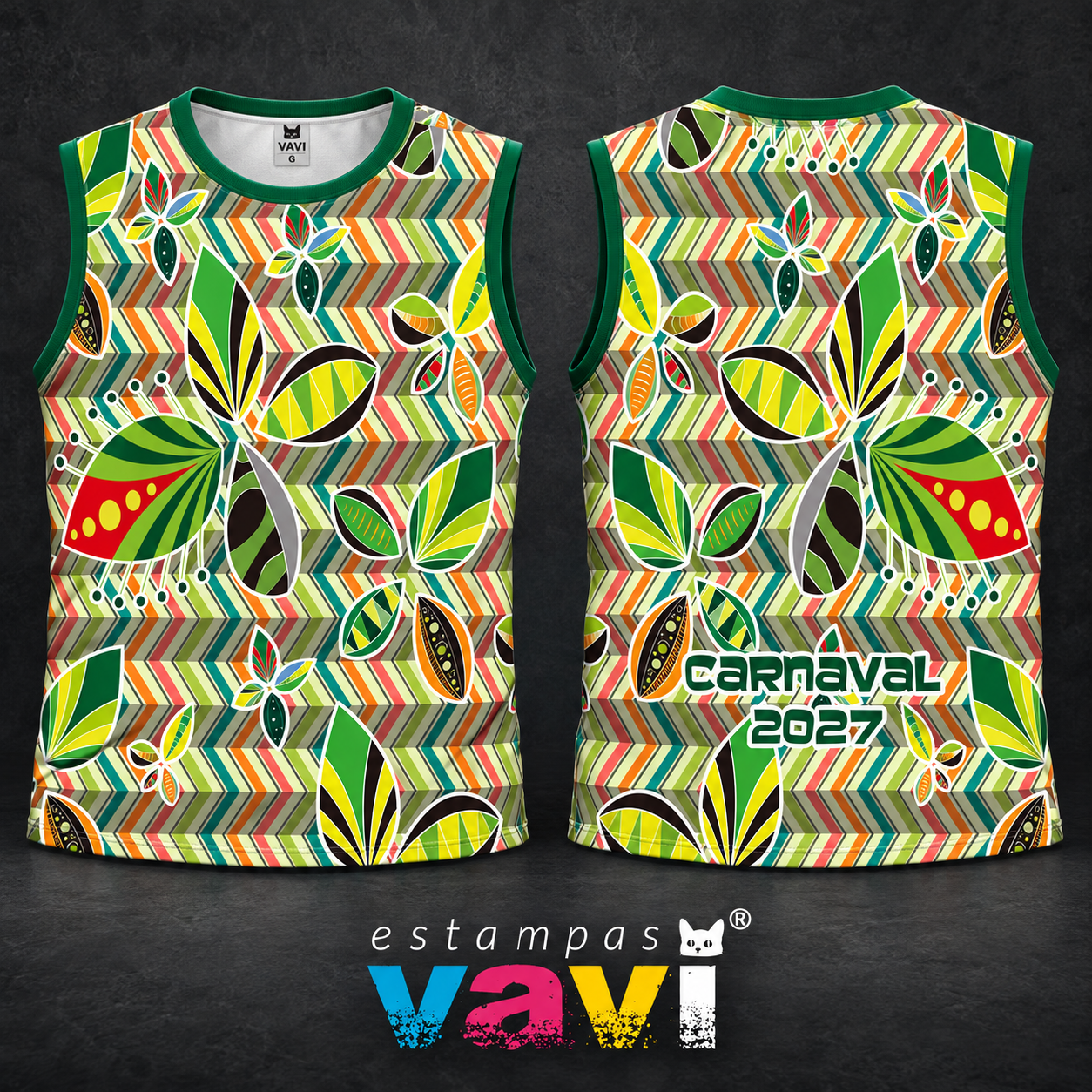 Folhas Coloridas sobre Chevron em Verde Laranja e Marrom