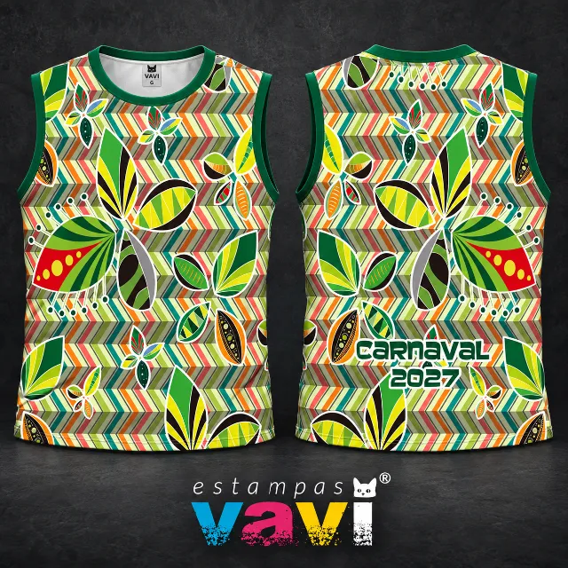 Folhas Coloridas sobre Chevron em Verde Laranja e Marrom