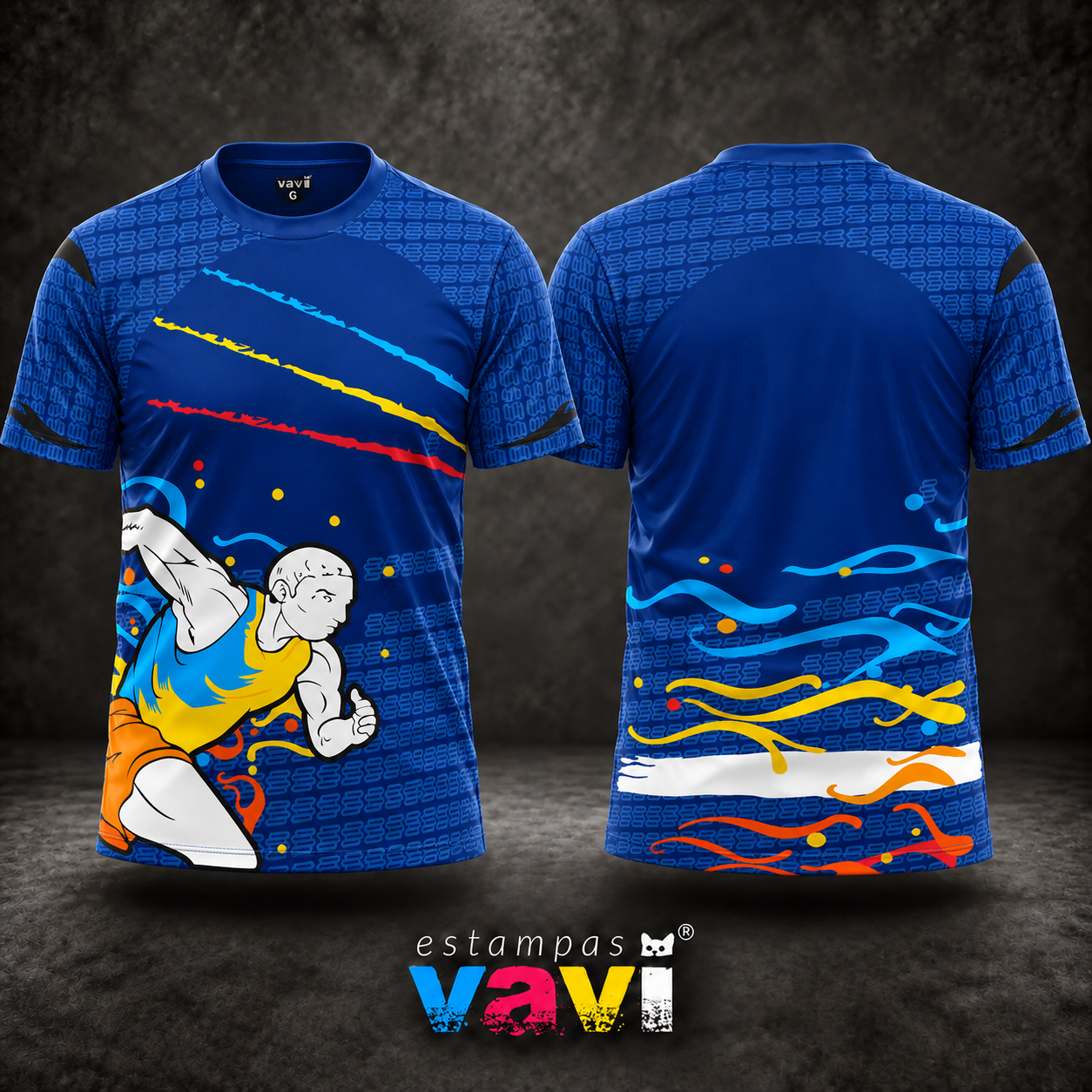 Atleta em Movimento com Grafismos Multicoloridos sobre Azul
