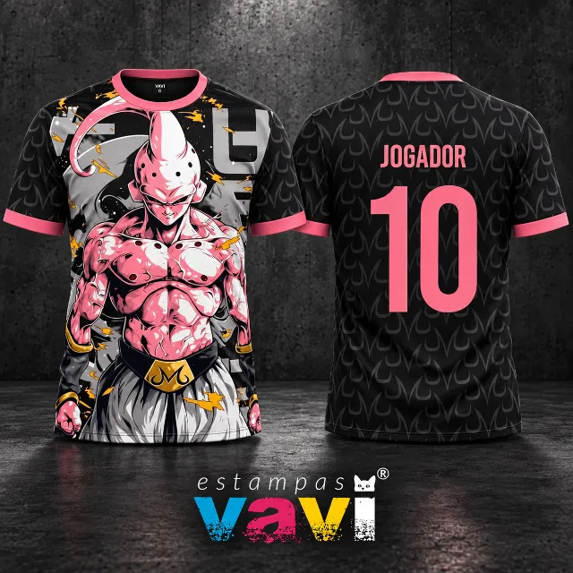 Majin Buu Rosa com Chamas Douradas e Padrão Preto
