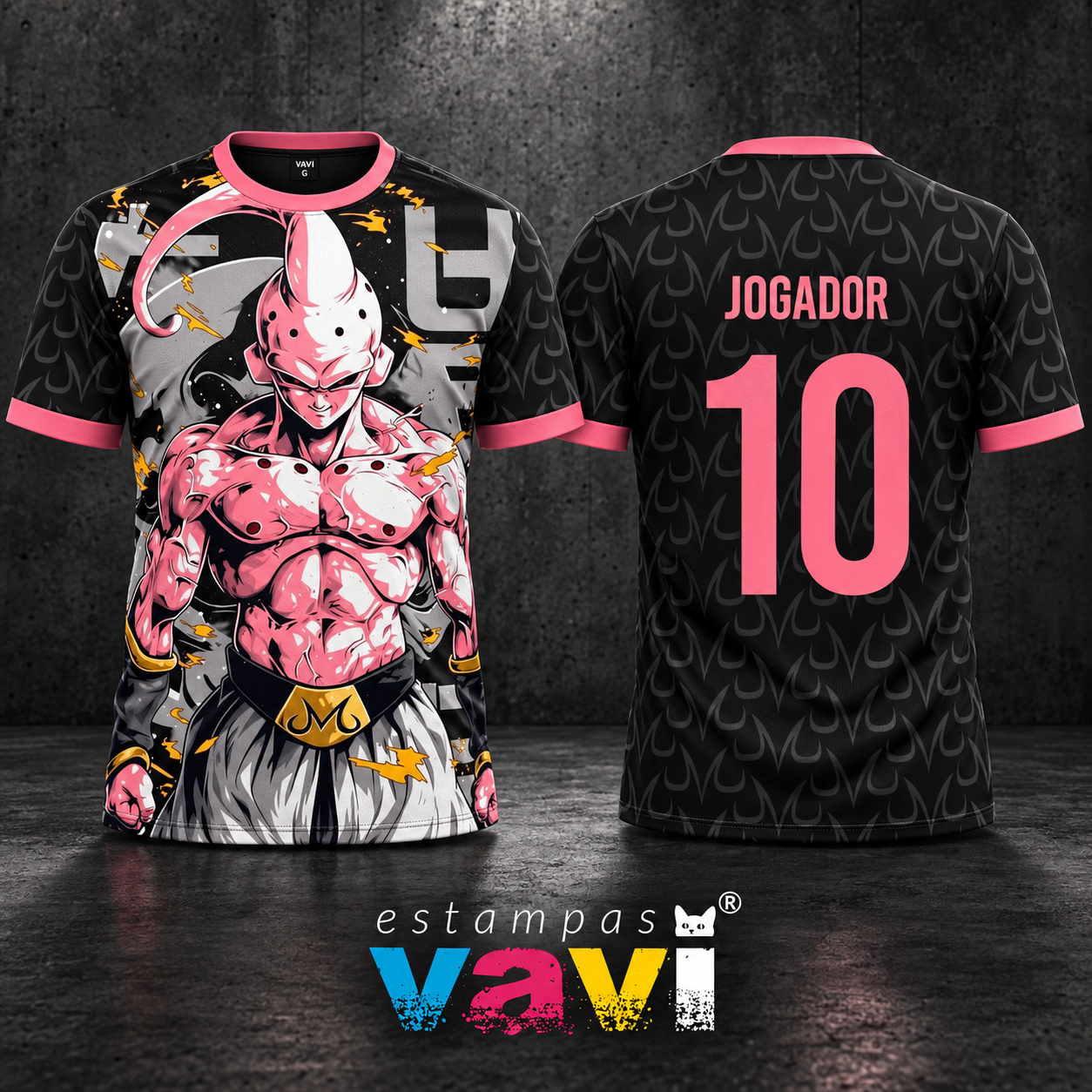Majin Buu Rosa com Chamas Douradas e Padrão Preto