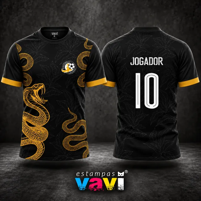 Serpente Preta com Folhagens Cinza e Mangas Pretas - Dourado, Escudo League e Punhos Dourados