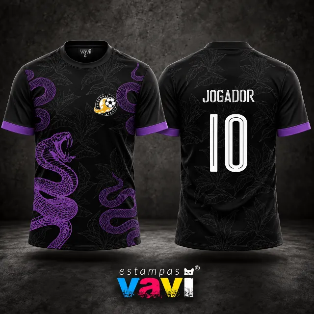 Serpente Preta com Folhagens Cinza e Mangas Pretas - Roxo, Escudo League e Punhos Roxos