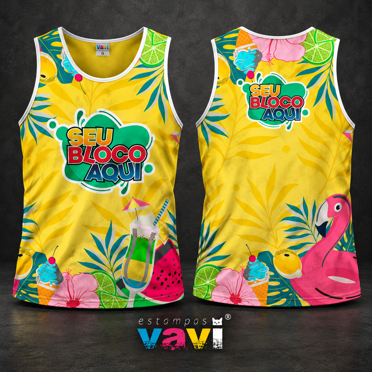 Flamingo Rosa com Frutas e Flores em Amarelo