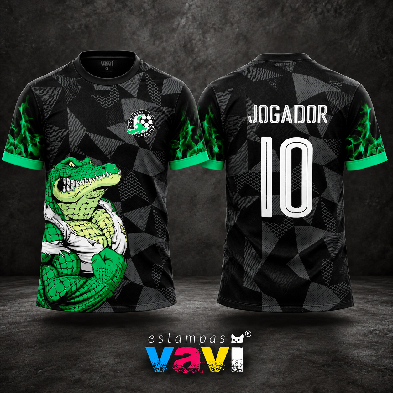 Crocodilo Verde com Camisa Branca e Chamas nas Mangas