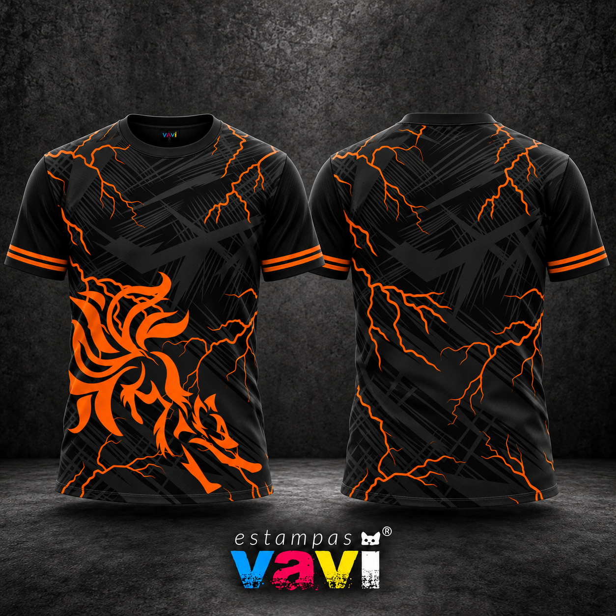 Lobo Tribal Laranja com Raios e Grafismos Pretos