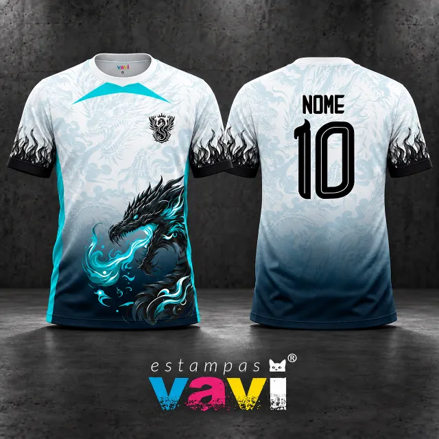 Dragão Preto com Chamas Turquesa e Fundo Oriental Branco