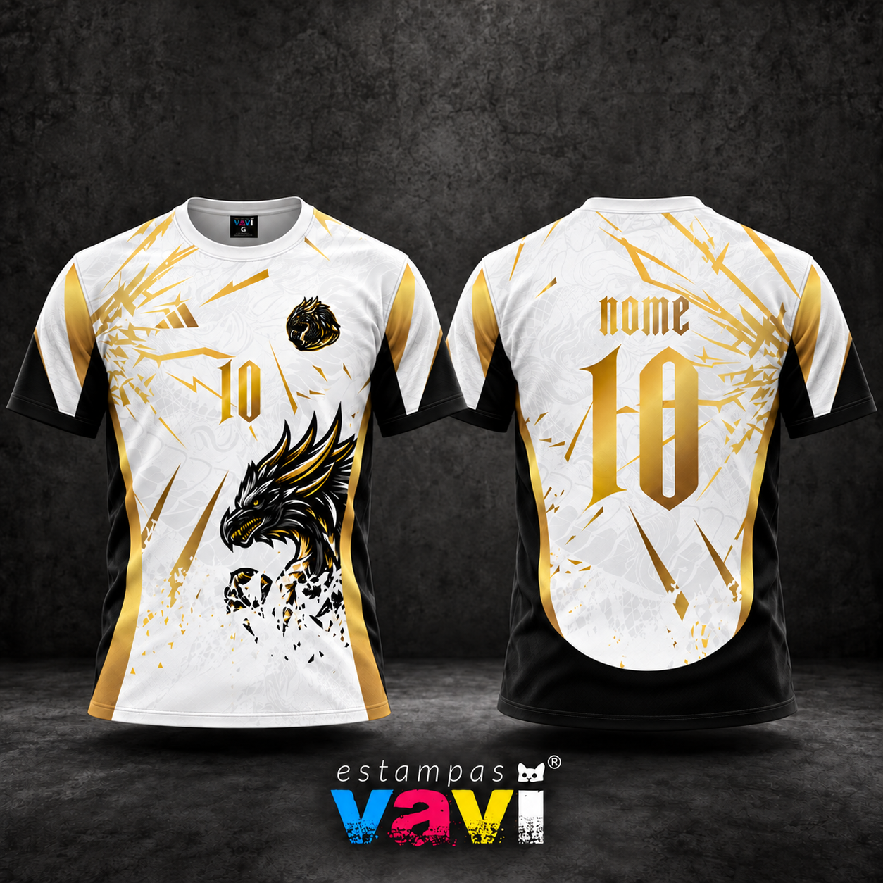 Dragão Dourado com Raios e Fundo Branco