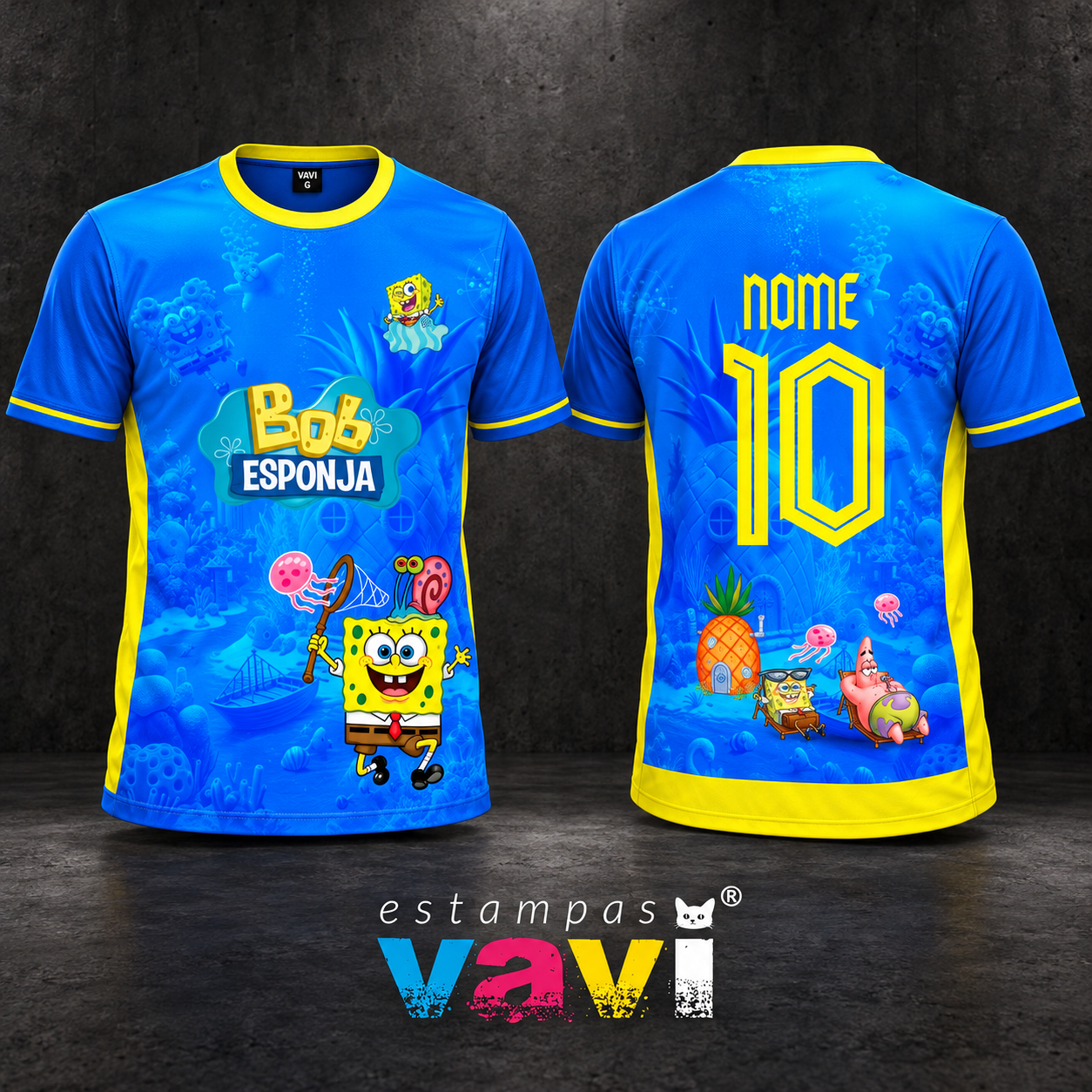 Bob Esponja Azul com Águas-vivas e Detalhes Amarelos