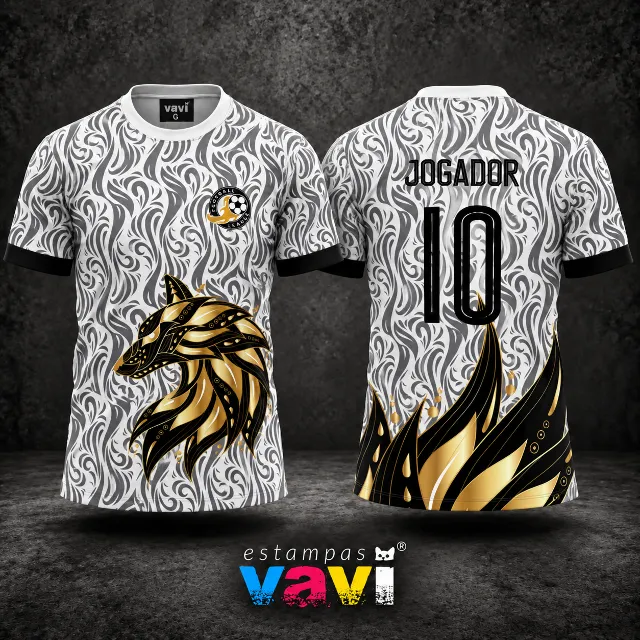 Lobo Dourado com Arabescos Brancos e Cinza - Escudo League e Número em Preto