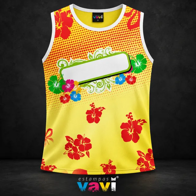 Hibiscos com Faixa para Personalização - Amarelo com Hibiscos Vermelhos
