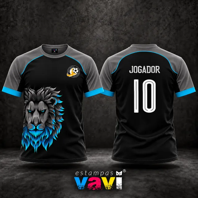 Interclasse - Leão Cinza e Azul com Número 15 - Escudo Football League e identificação branca, costas sem leão parcial