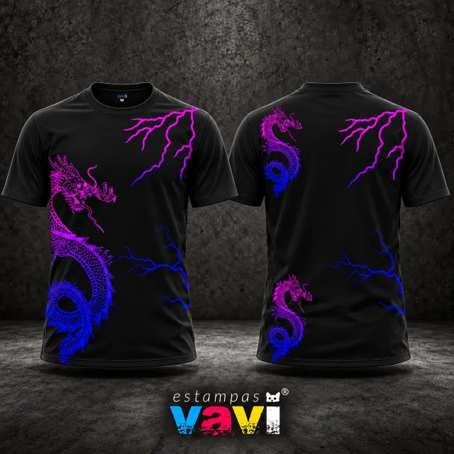 Dragão em Degradê Magenta e Azul sobre Preto - Com raios e dois dragões menores nas costas