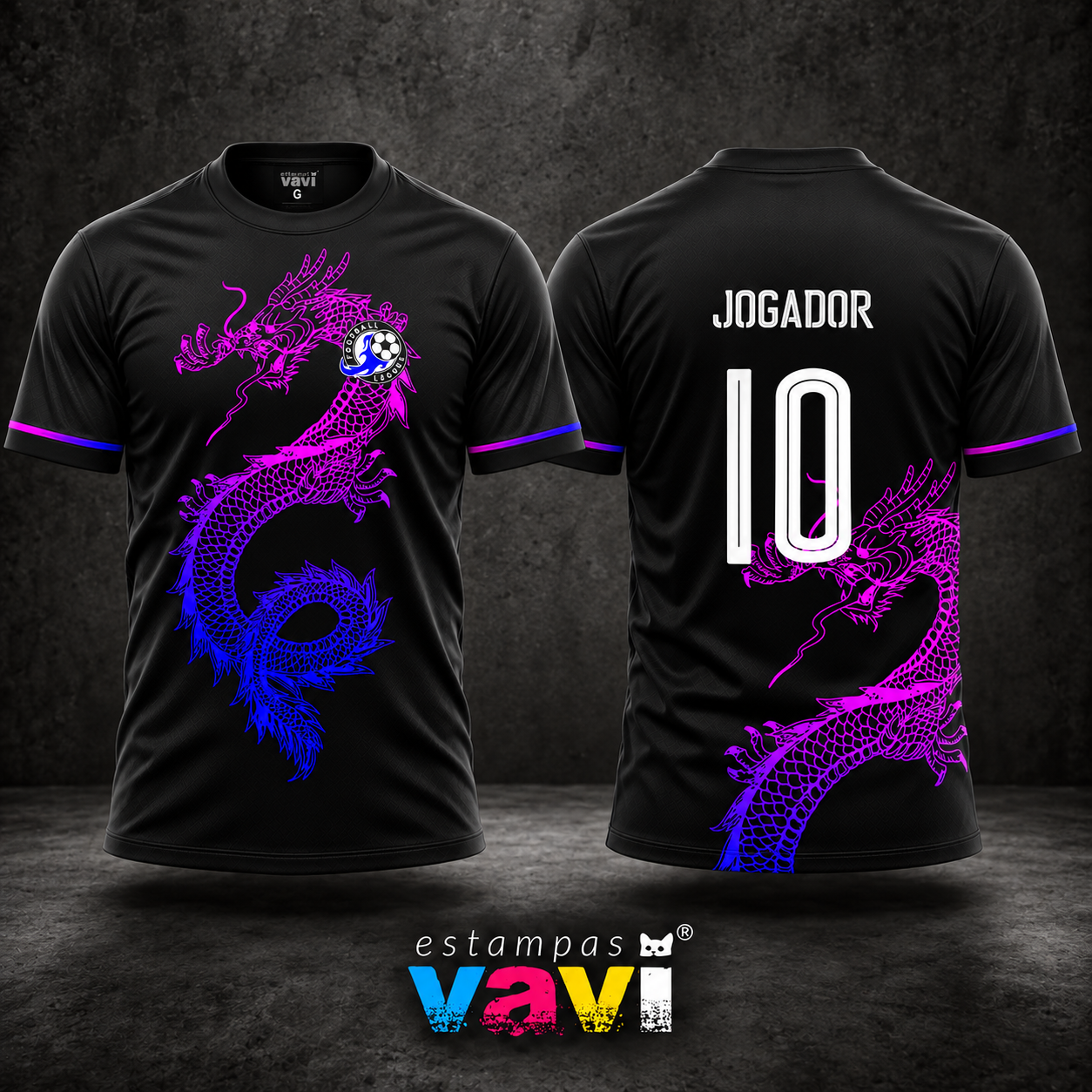 Dragão em Degradê Magenta e Azul sobre Preto