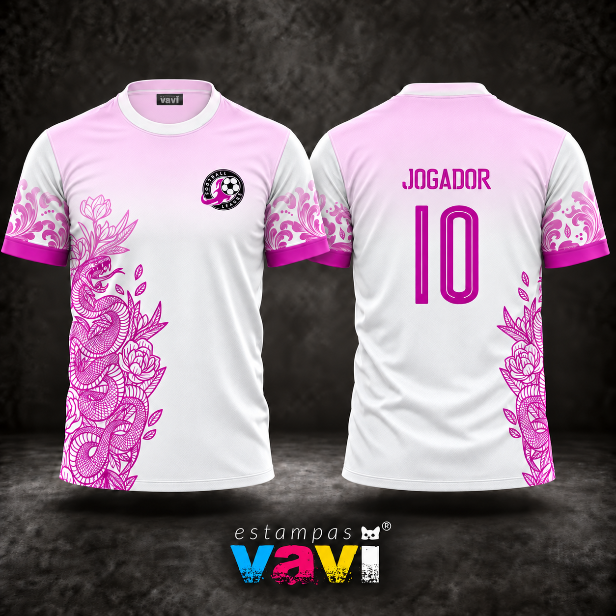 Serpente Magenta com Flores e Degradê Rosa sobre Branco
