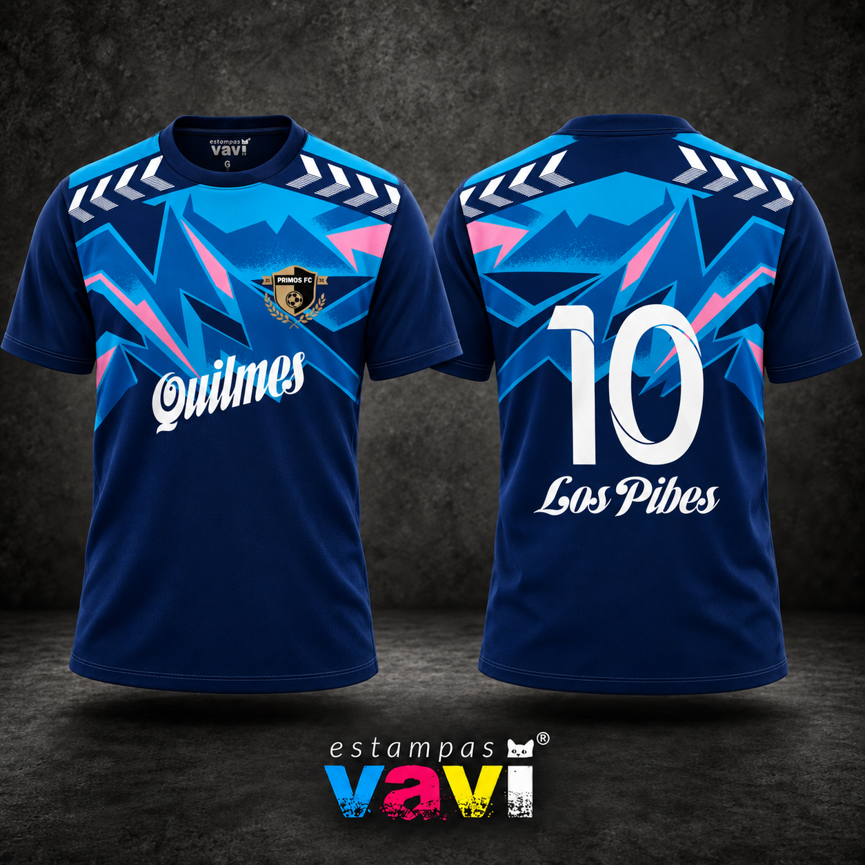 Primos FC - Geometria Azul e Rosa sobre Azul-Marinho
