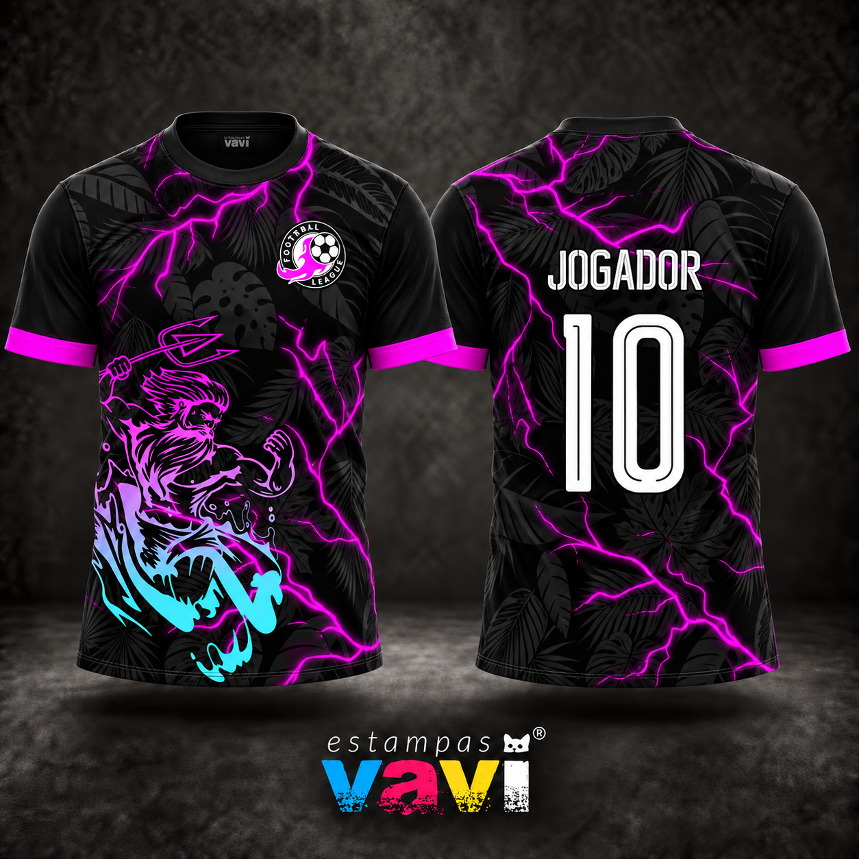 Poseidon Lilás com Raios Magenta e Folhagens Pretas