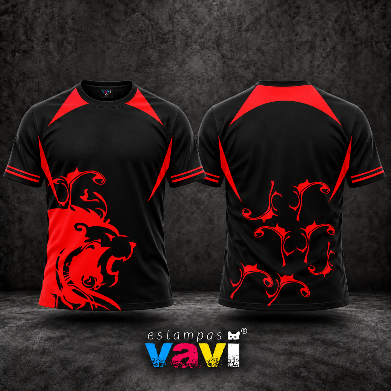 Leão Tribal Vermelho com Arabescos sobre Preto