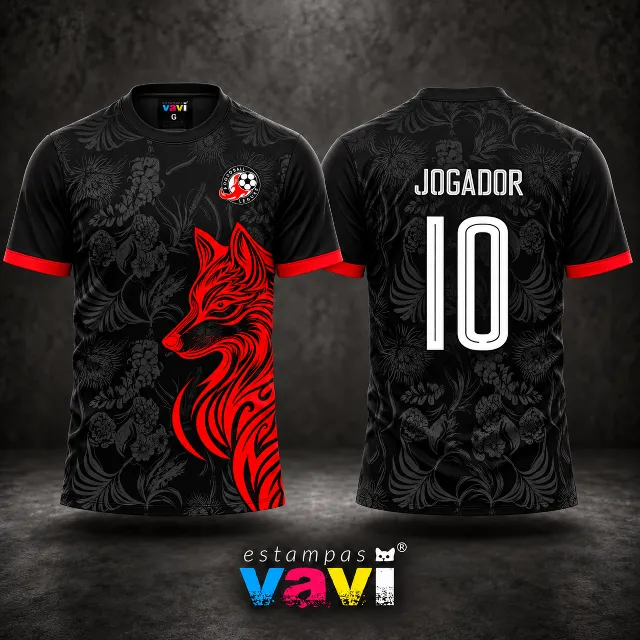Raposa Tribal Vermelha com Flores Cinza sobre Preto