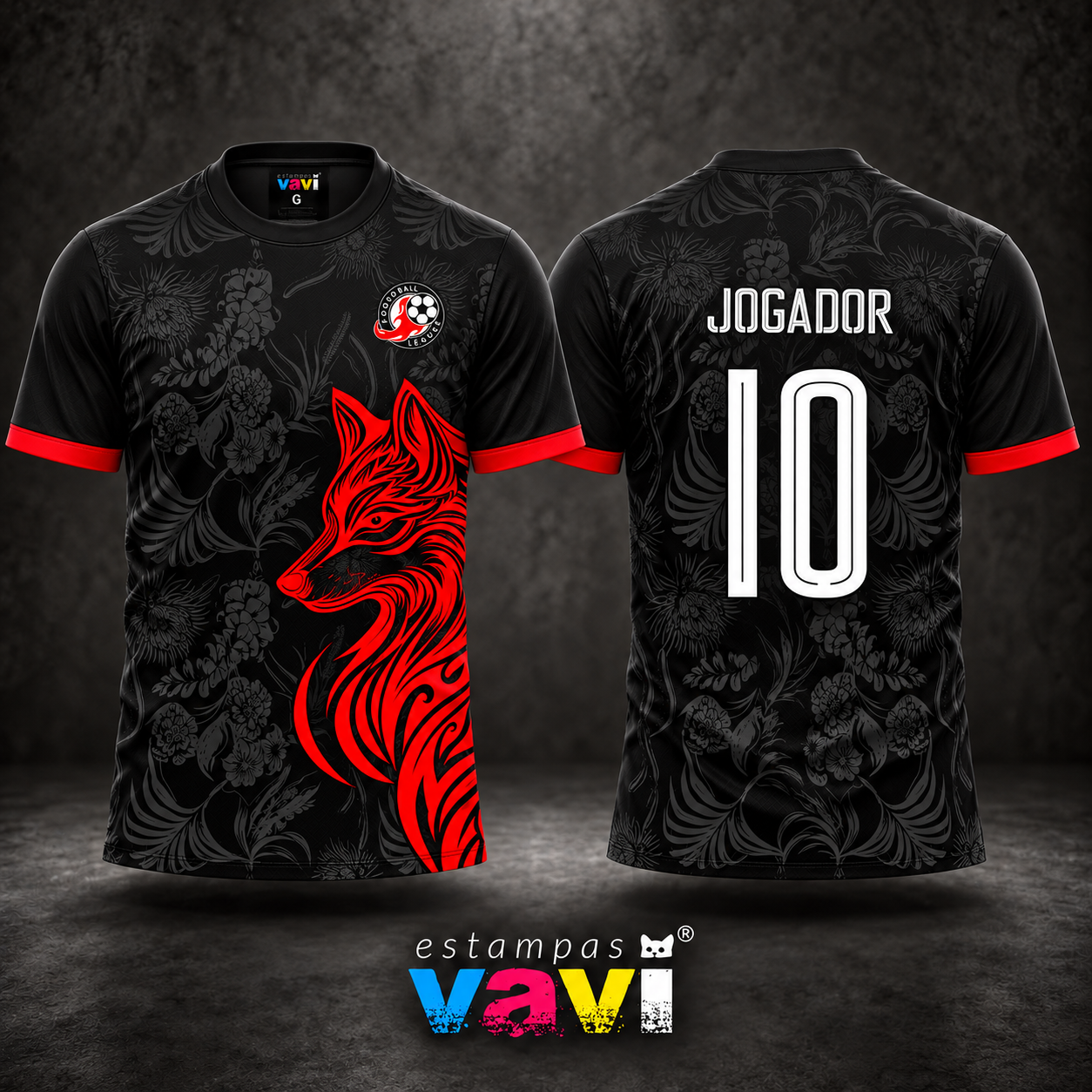 Raposa Tribal Vermelha com Flores Cinza sobre Preto