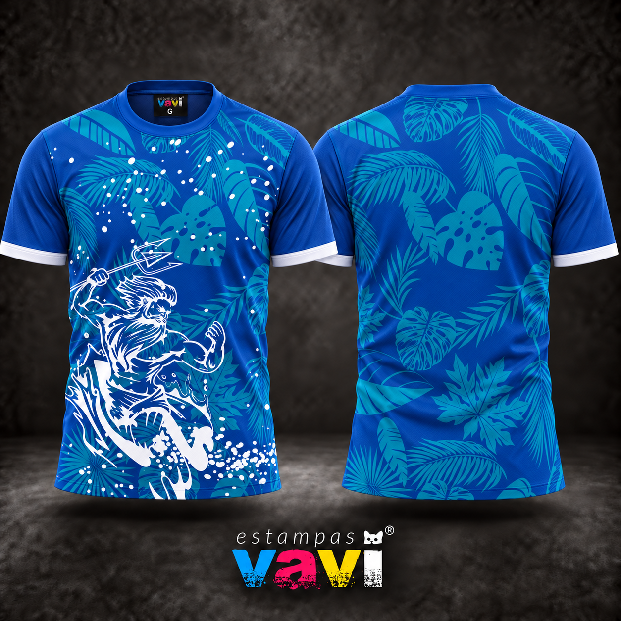 Poseidon Branco com Folhagens Tropicais Azuis