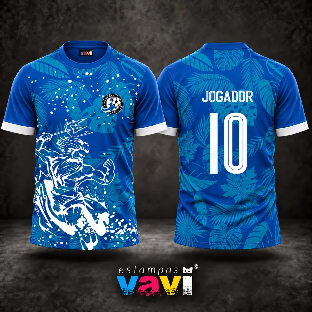 Poseidon Branco com Folhagens Tropicais Azuis - Escudo League e Identificação nas Costas