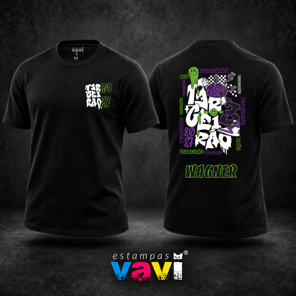 Cérebro Roxo com Smiles Verdes e Tênis