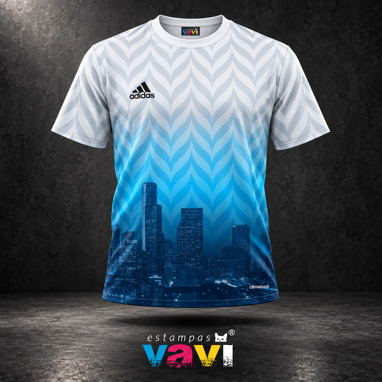 Chevron Cinza e Azul com Silhueta de Cidade