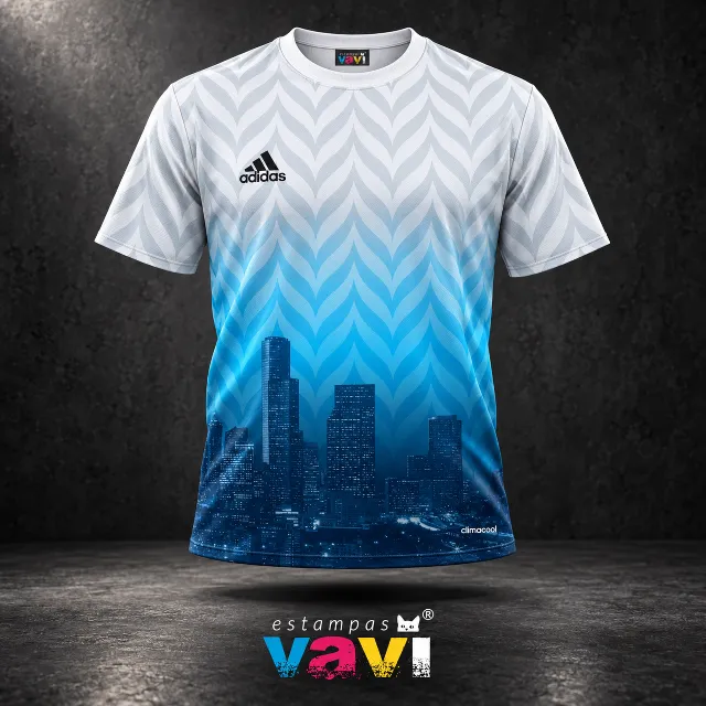 Chevron Cinza e Azul com Silhueta de Cidade