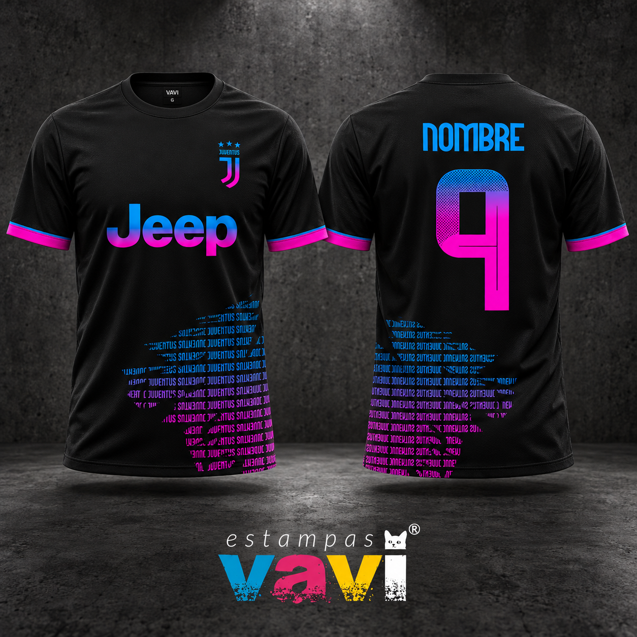Juventus - Preto com Degradê Azul e Magenta e Número 9