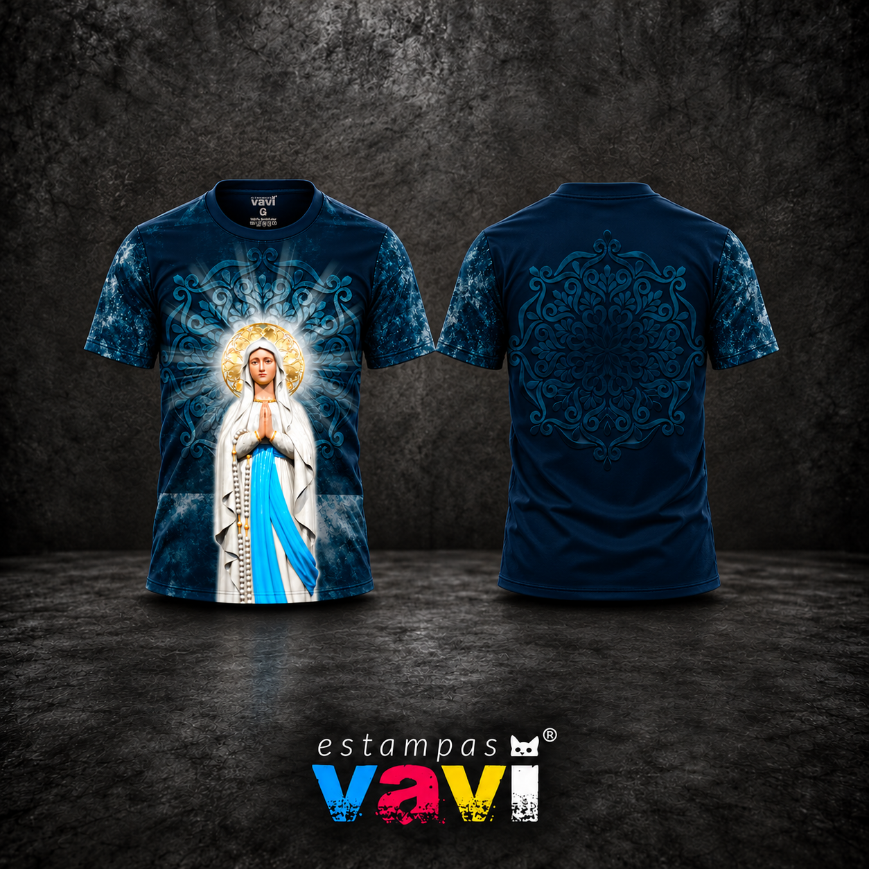 Nossa Senhora de Lourdes com Raios e Mandala Azul