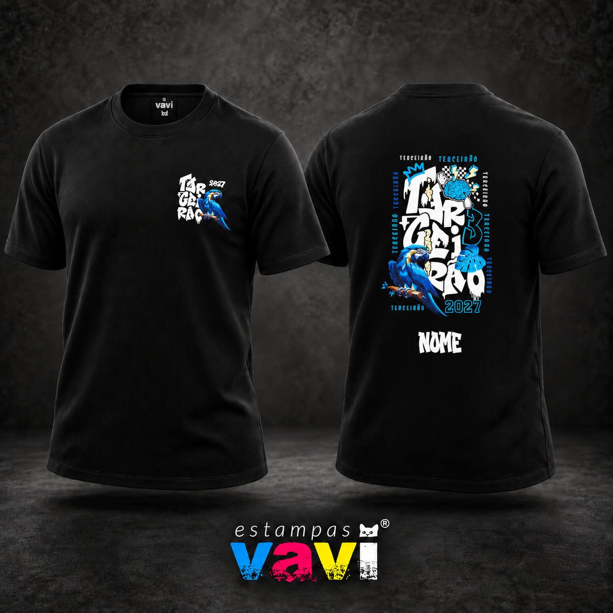 Arara Azul com Cérebro e Letras Grafite