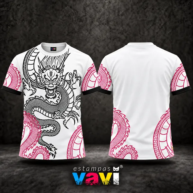 Dragão Preto e Roxo em Contorno sobre Branco - Contornos rosa, frente com dragão preto e costas claras