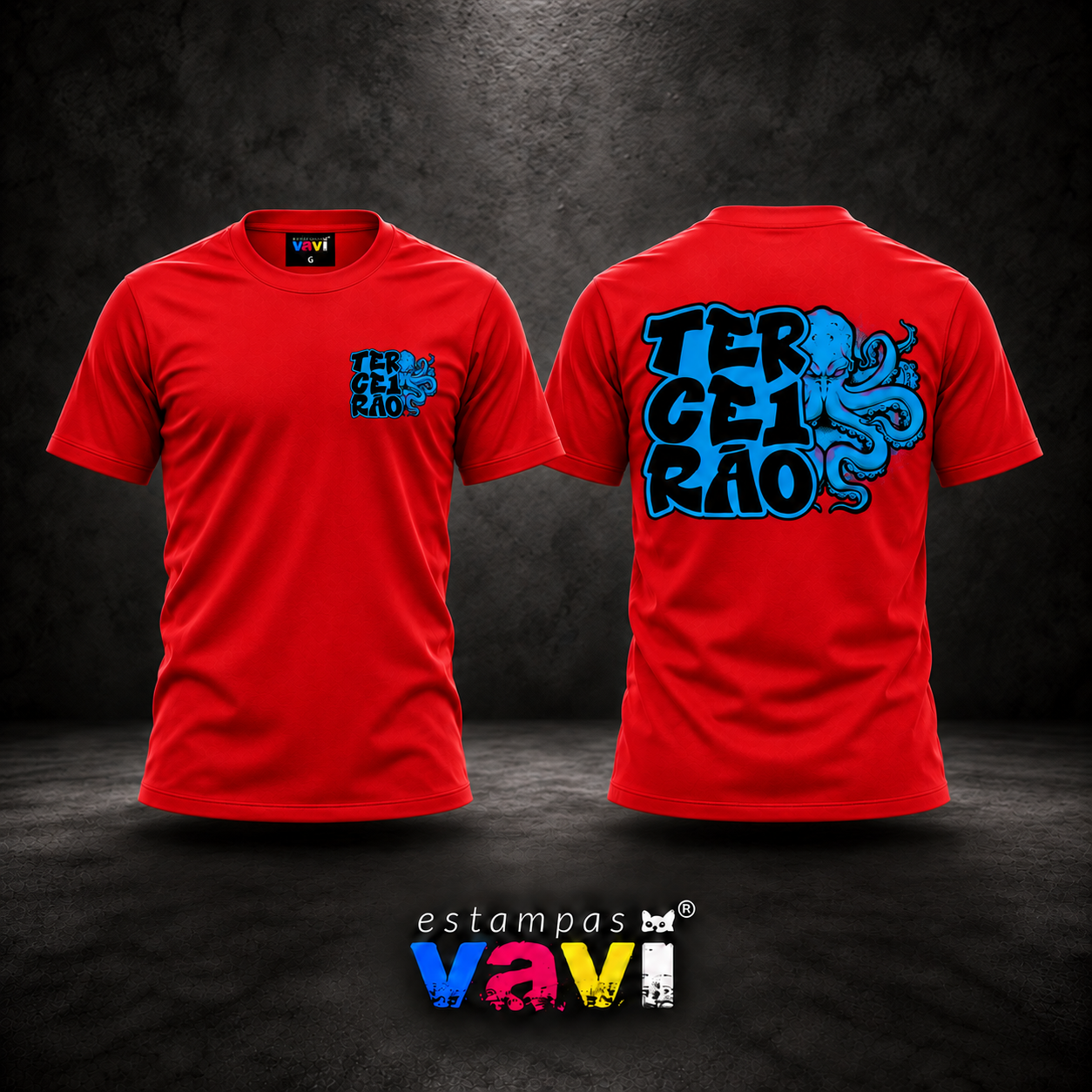 Terceirão - Polvo Azul em Fundo Vermelho