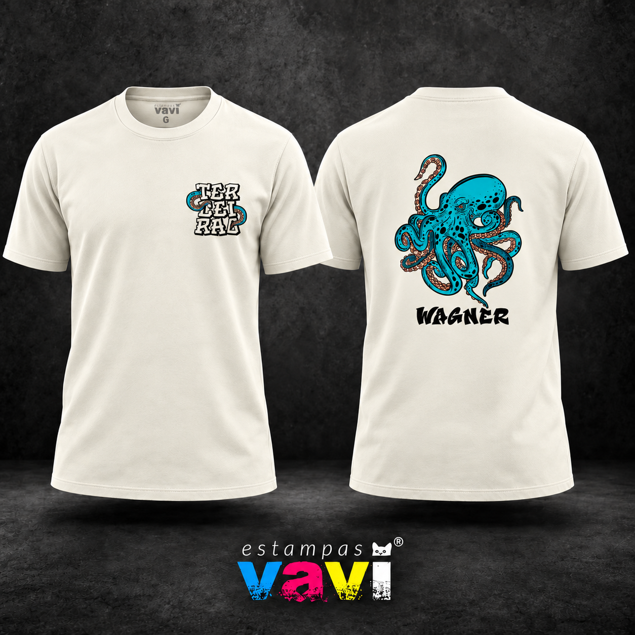 Polvo Turquesa em Camiseta Creme