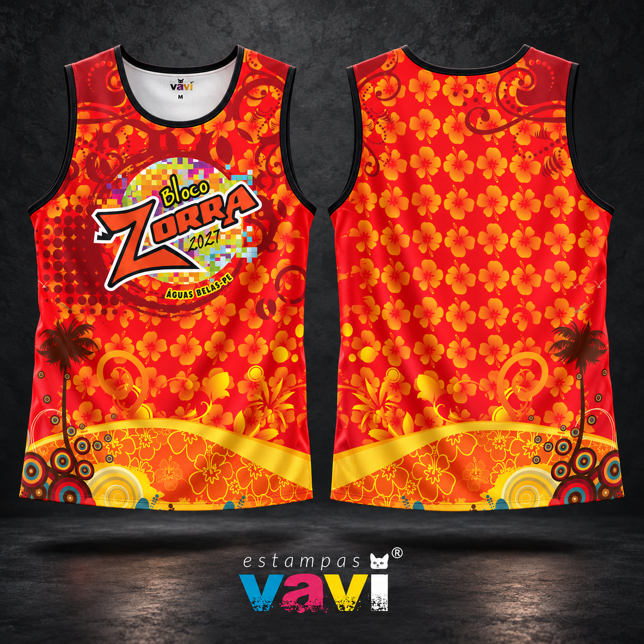 Zorra Floral com Palmeiras em Vermelho e Laranja