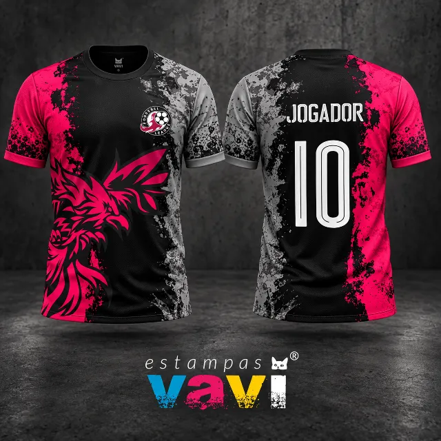 Galo Tribal Rosa com Respingos Cinza sobre Preto - Escudo FOOTBALL LEAGUE, JOGADOR10 e mangas assimétricas cinza/rosa