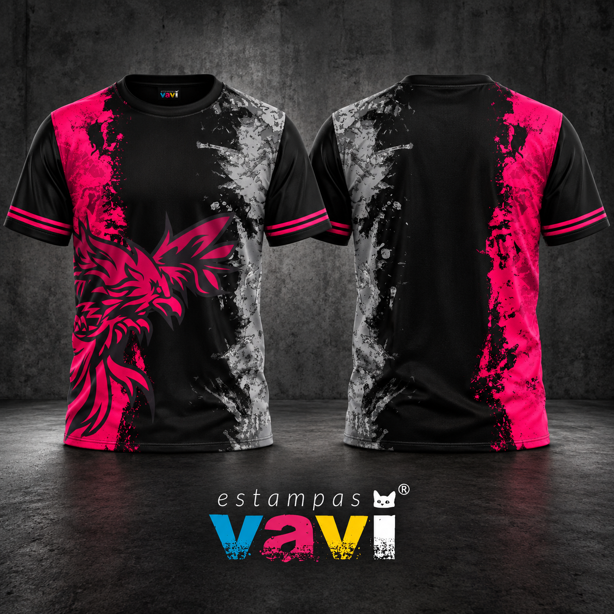 Galo Tribal Rosa com Respingos Cinza sobre Preto